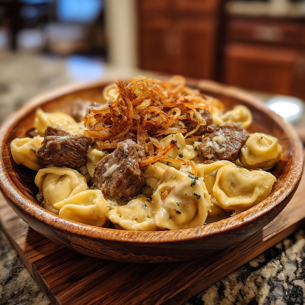 Garlic Steak Tortellini with Crispy Onions